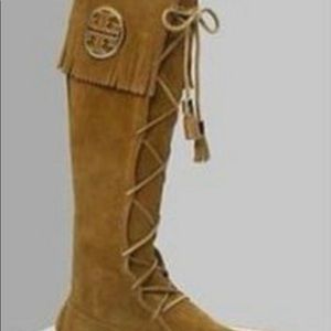Tory Burch Moccasin Suede lace up Tall Boots